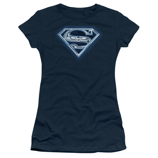 Superman Cyber Shield Junior Sheer Cap Sleeve Womens T Shirt Navy