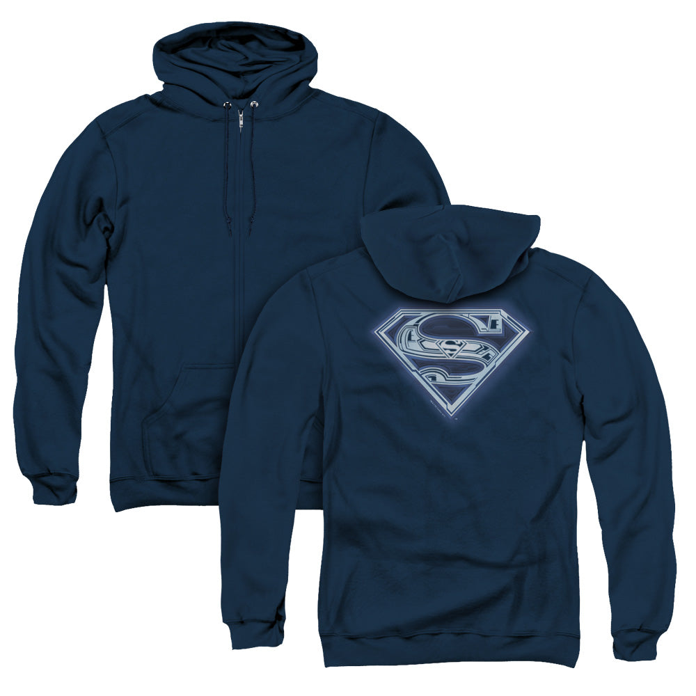 Superman Cyber Shield Back Print Zipper Mens Hoodie Navy