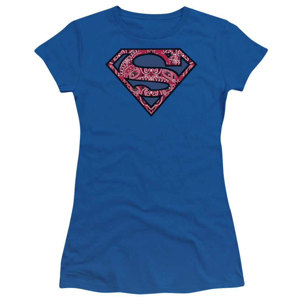 Superman Paisley Shield Junior Sheer Cap Sleeve Womens T Shirt Royal Blue