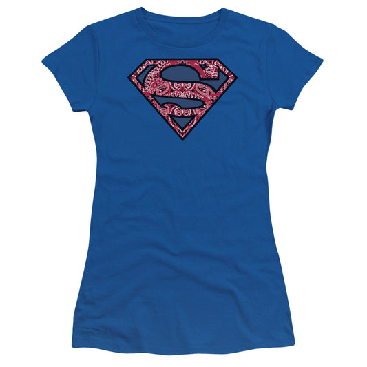 Superman Paisley Shield Junior Sheer Cap Sleeve Womens T Shirt Royal Blue