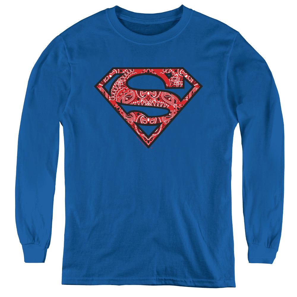 Superman Paisley Shield Long Sleeve Kids Youth T Shirt Royal Blue