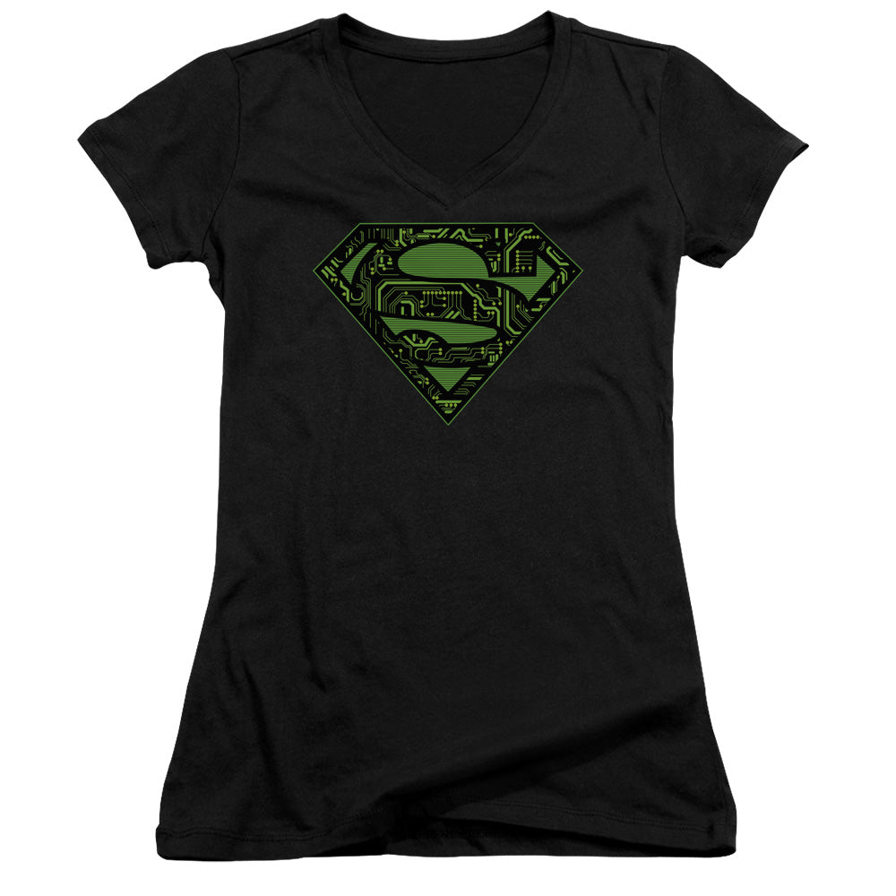 Superman Circuits Shield Junior Sheer Cap Sleeve V Neck Womens T Shirt Black