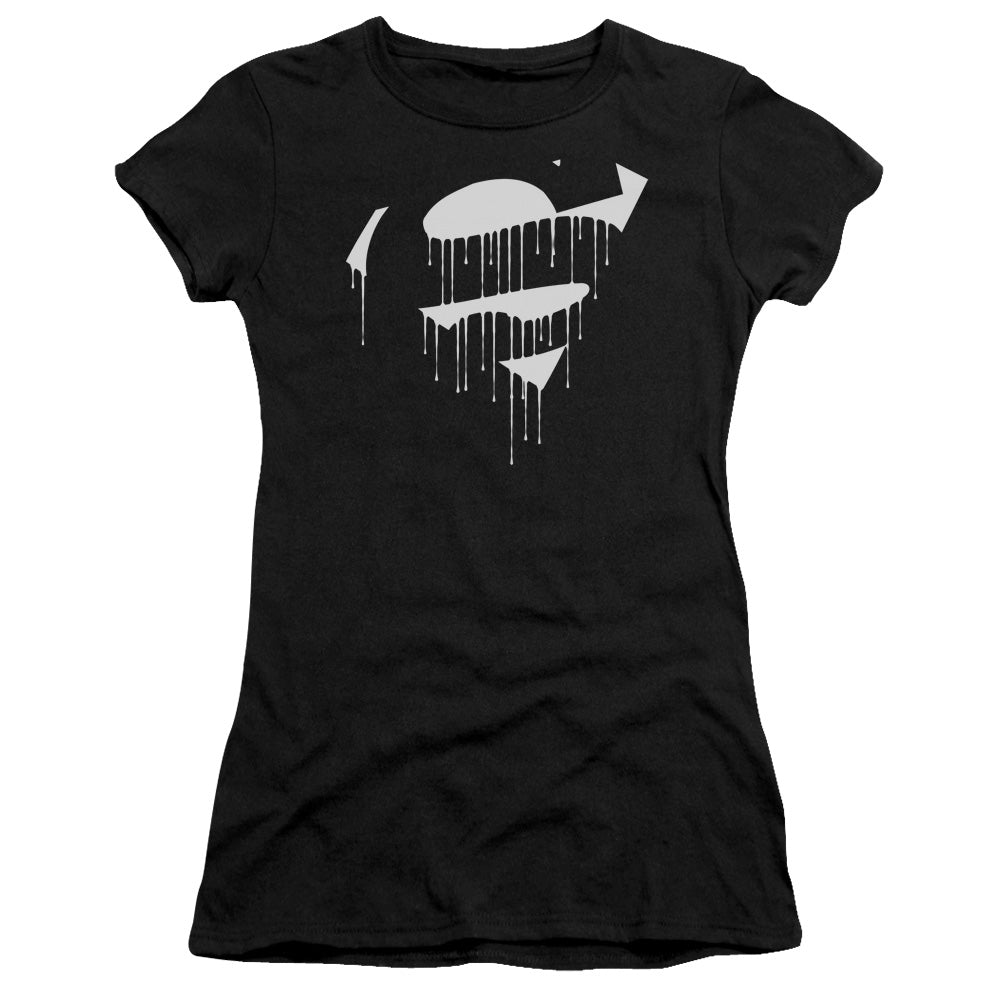 Superman Dripping Shield Junior Sheer Cap Sleeve Womens T Shirt Black