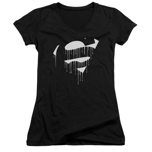 Superman Dripping Shield Junior Sheer Cap Sleeve V Neck Womens T Shirt Black