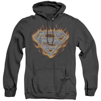 Superman Steel Fire Shield Mens Heather Hoodie Black