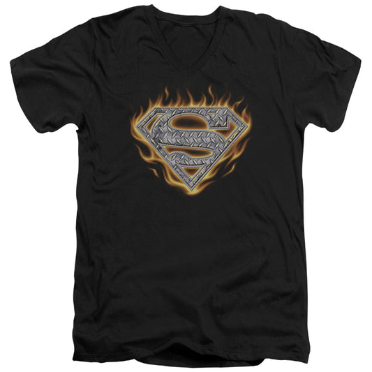 Superman Steel Fire Shield Mens Slim Fit V Neck T Shirt Black