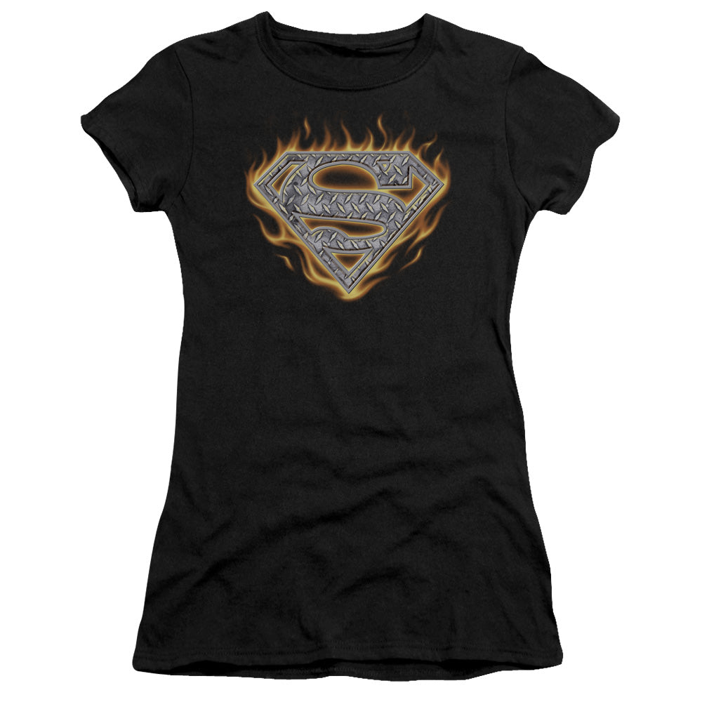 Superman Steel Fire Shield Junior Sheer Cap Sleeve Womens T Shirt Black