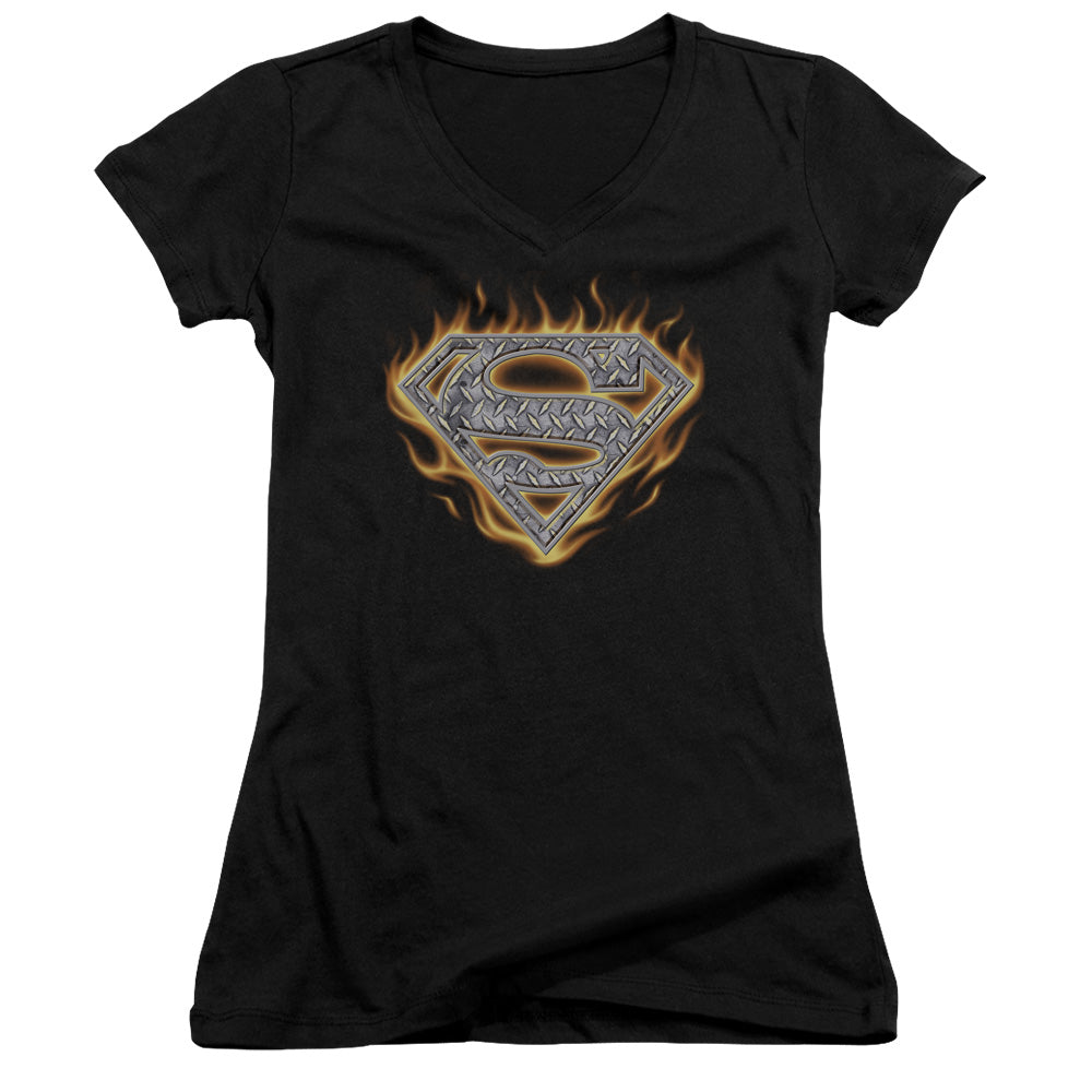 Superman Steel Fire Shield Junior Sheer Cap Sleeve V Neck Womens T Shirt Black