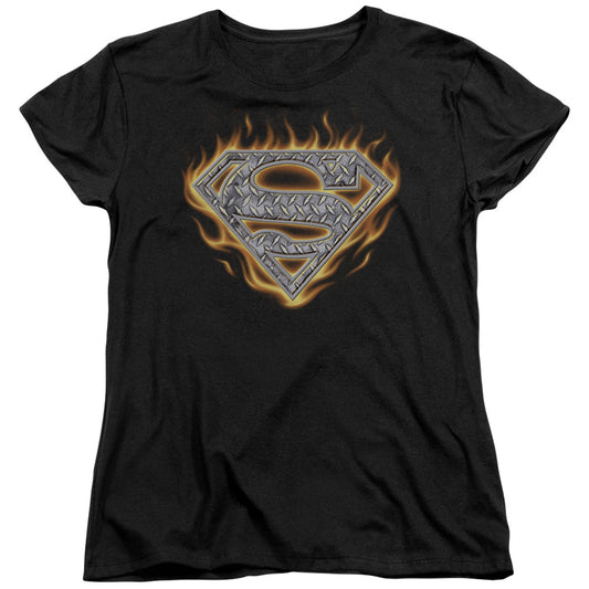 Superman Steel Fire Shield Womens T Shirt Black