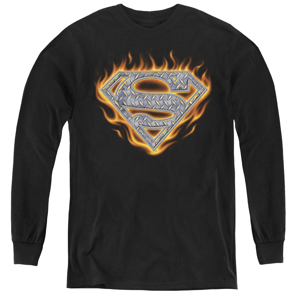 Superman Steel Fire Shield Long Sleeve Kids Youth T Shirt Black