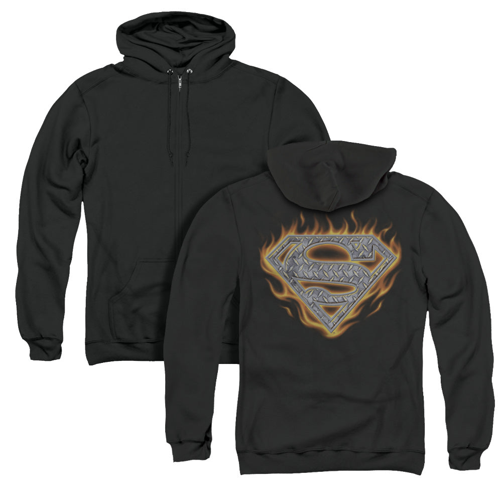 Superman Steel Fire Shield Back Print Zipper Mens Hoodie Black