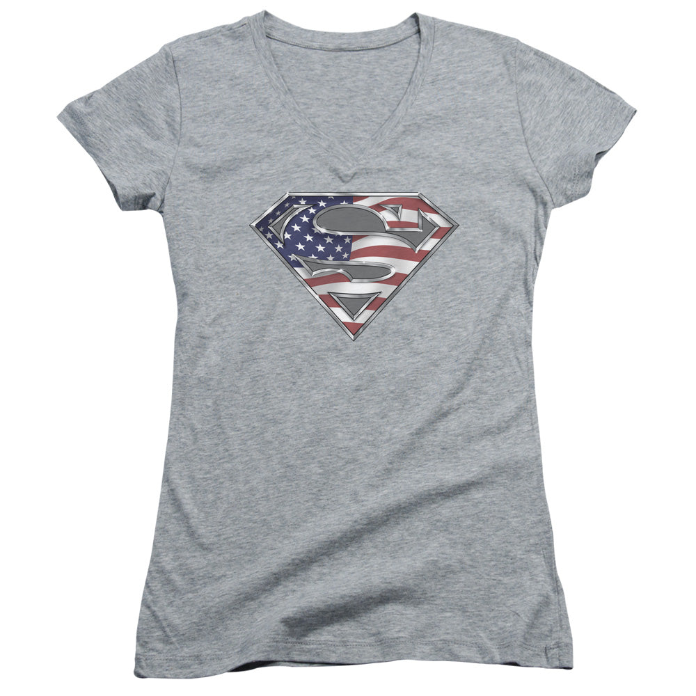 Superman All Junior Sheer Cap Sleeve V Neck Womens T Shirt Athletic Heather