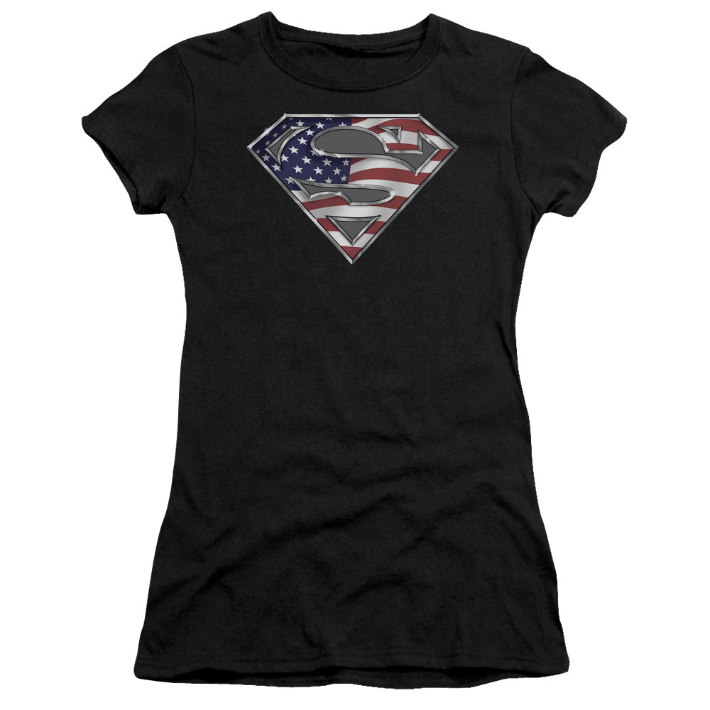 Superman All American Shield Junior Sheer Cap Sleeve Womens T Shirt Black