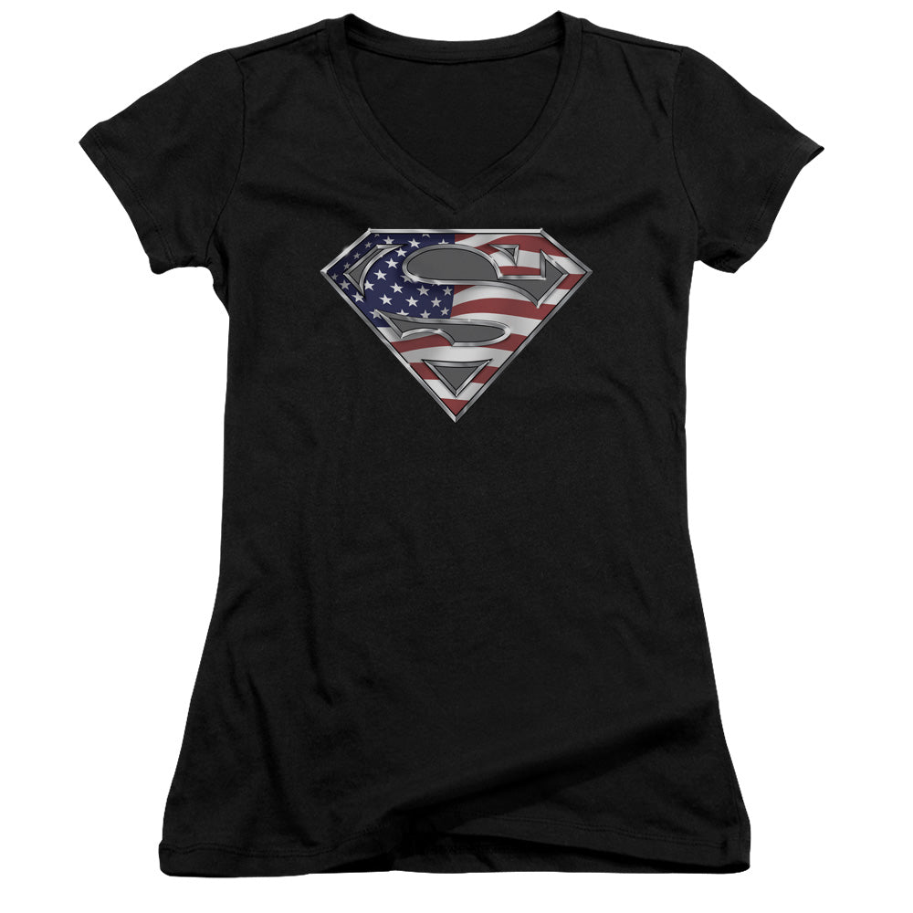 Superman All American Shield Junior Sheer Cap Sleeve V Neck Womens T Shirt Black