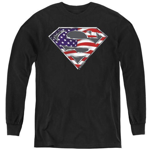 Superman All American Shield Long Sleeve Kids Youth T Shirt Black