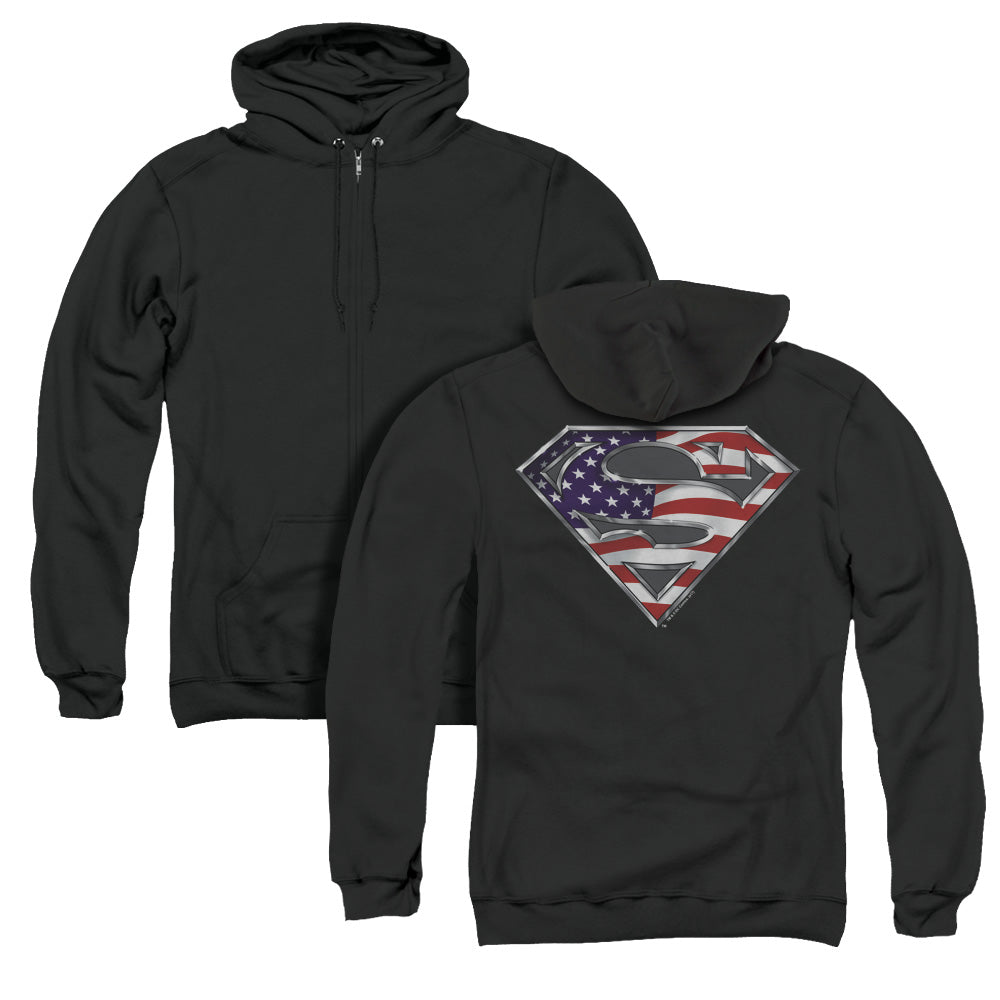 Superman All American Shield Back Print Zipper Mens Hoodie Black