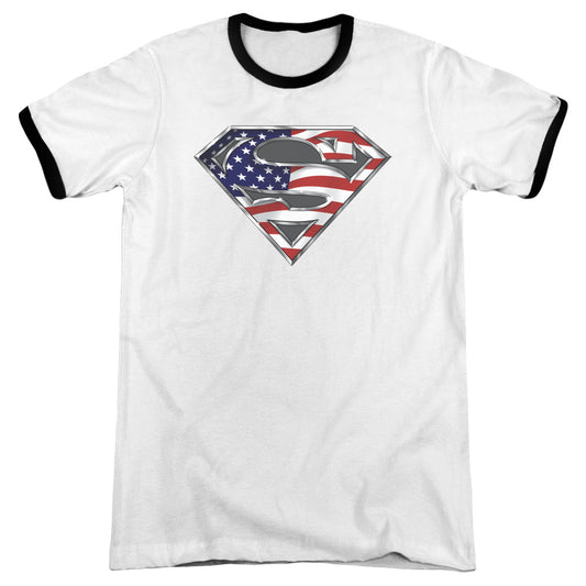 Superman All American Shield Heather Ringer Mens T Shirt White Black