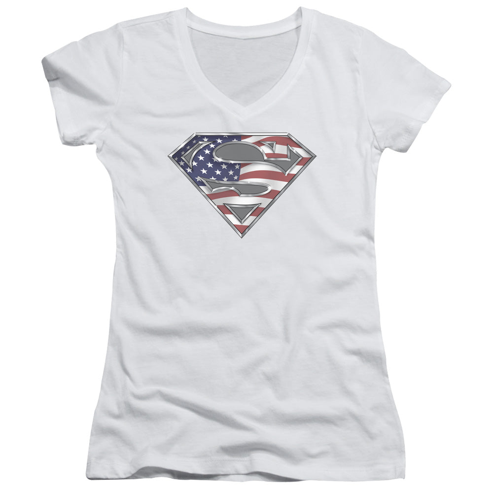 Superman All American Shield Junior Sheer Cap Sleeve V Neck Womens T Shirt White