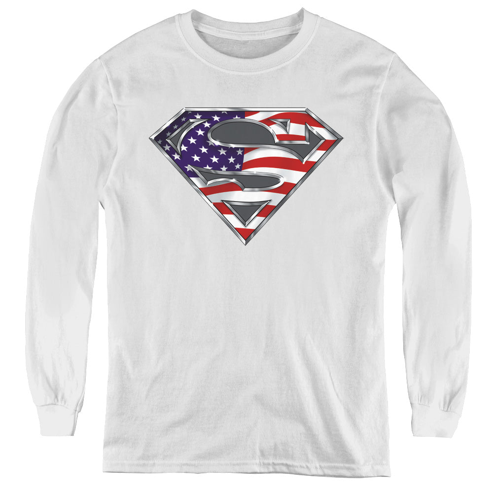 Superman All American Shield Long Sleeve Kids Youth T Shirt White