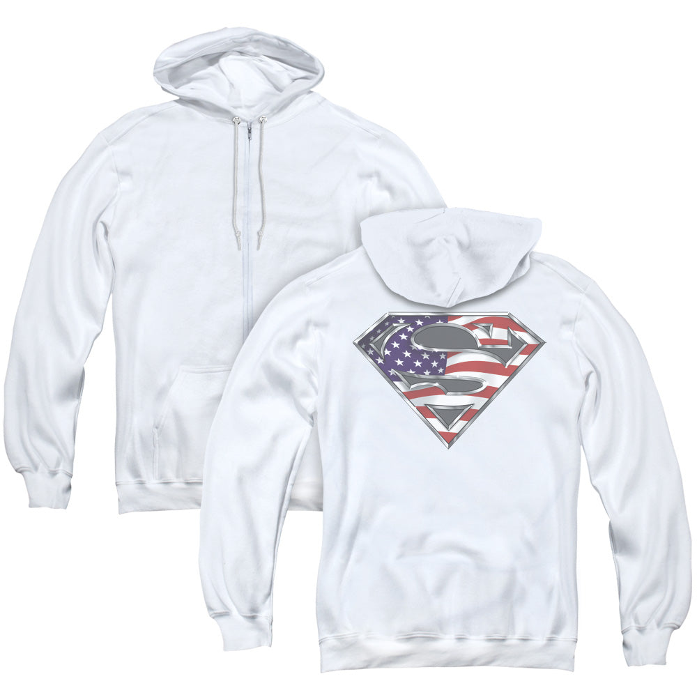 Superman All American Shield Back Print Zipper Mens Hoodie White