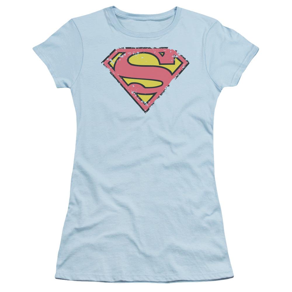 Superman Distressed Shield Junior Sheer Cap Sleeve Womens T Shirt Light Blue