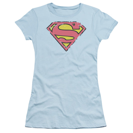 Superman Distressed Shield Junior Sheer Cap Sleeve Womens T Shirt Light Blue