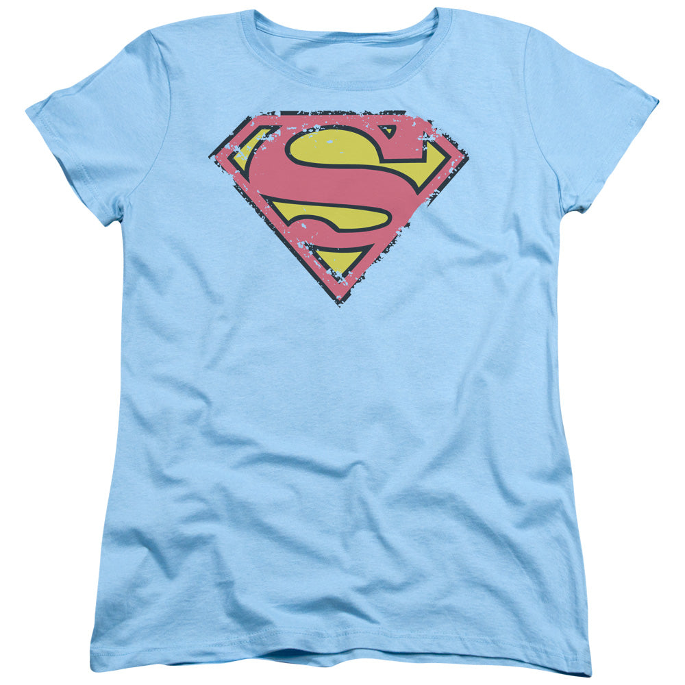 Superman Distressed Shield Womens T Shirt Light Blue