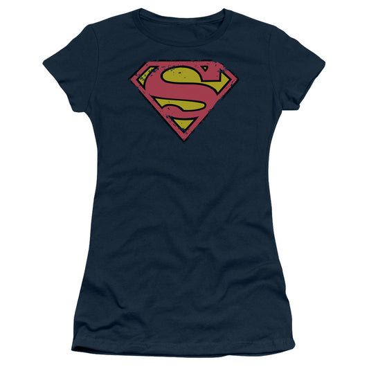 Superman Distressed Shield Junior Sheer Cap Sleeve Womens T Shirt Navy