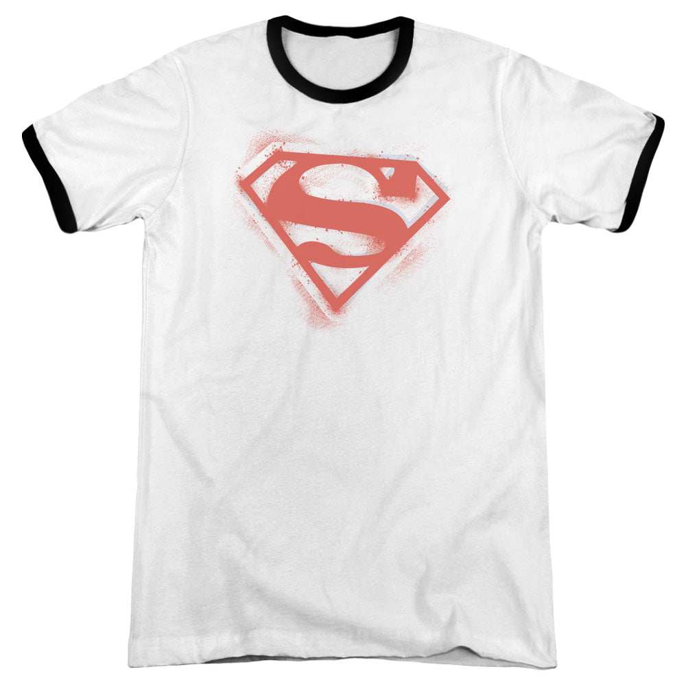 Superman Spray Paint Shield Heather Ringer Mens T Shirt White Black