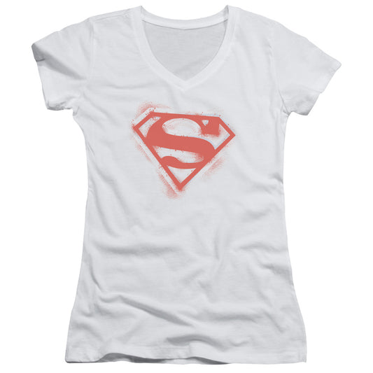 Superman Spray Paint Shield Junior Sheer Cap Sleeve V Neck Womens T Shirt White