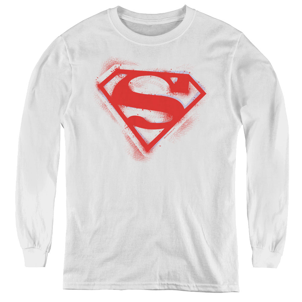 Superman Spray Paint Shield Long Sleeve Kids Youth T Shirt White