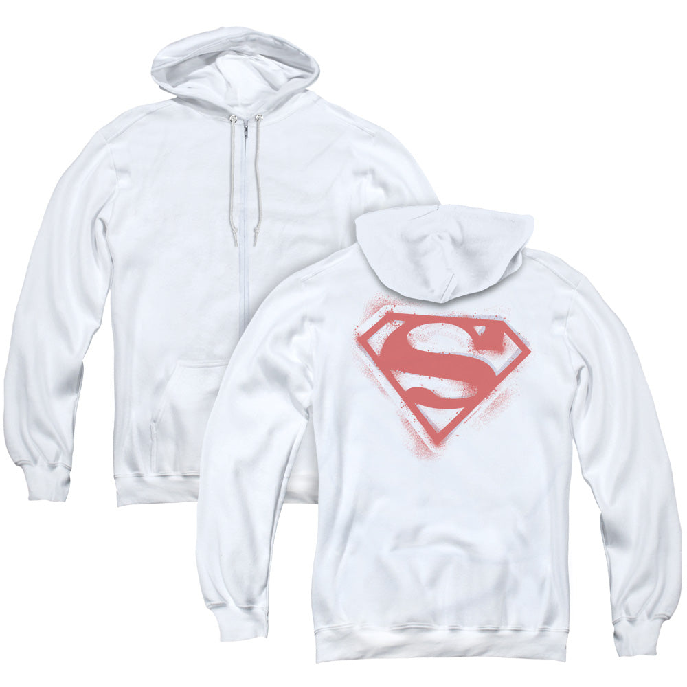 Superman Spray Paint Shield Back Print Zipper Mens Hoodie White