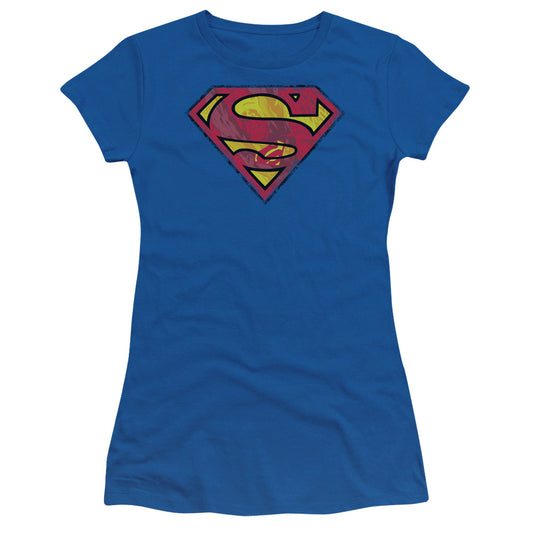 Superman Action Shield Junior Sheer Cap Sleeve Womens T Shirt Royal Blue