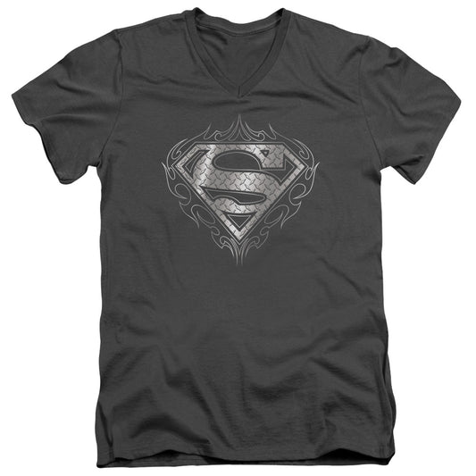 Superman Tribal Steel Logo S S Adult V Neck Charcoal