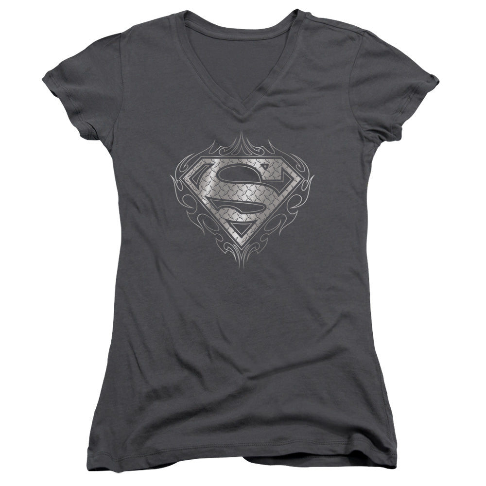 Superman Tribal Steel Logo Junior Sheer Cap Sleeve V Neck Womens T Shirt Charcoal