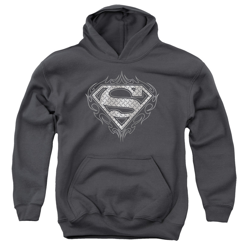 Superman Tribal Steel Logo Kids Youth Hoodie Charcoal