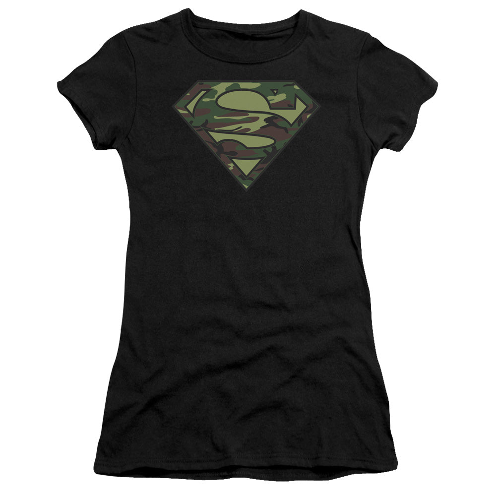 Superman Camo Logo Junior Sheer Cap Sleeve Womens T Shirt Black