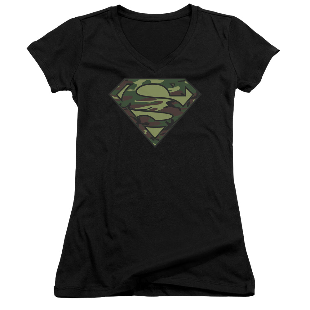 Superman Camo Logo Junior Sheer Cap Sleeve V Neck Womens T Shirt Black