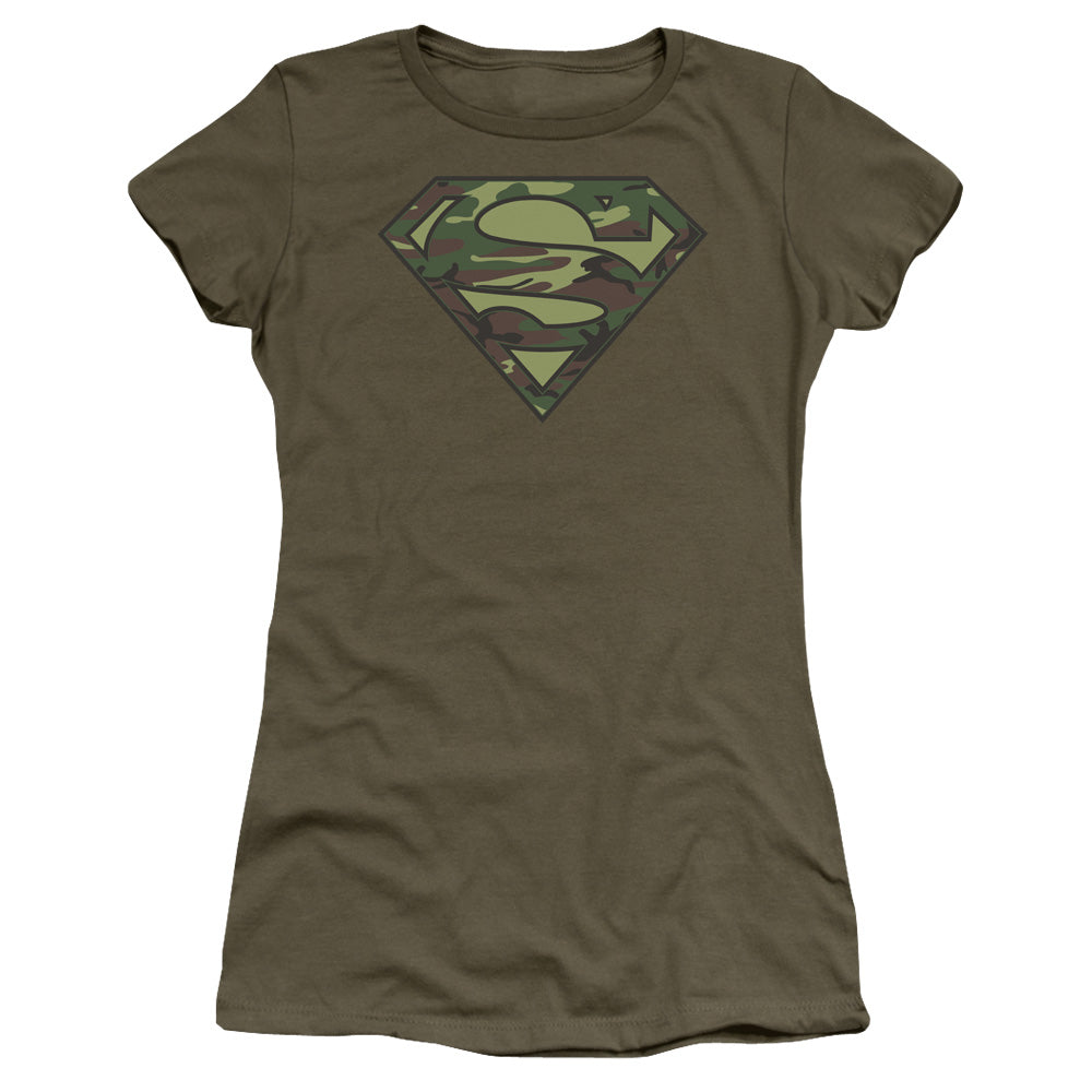 Superman Camo Logo Junior Sheer Cap Sleeve Womens T Shirt Military Green