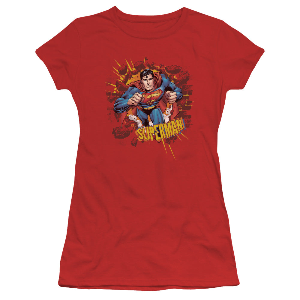 Superman Sorry About The Wall Junior Sheer Cap Sleeve Womens T Shirt Red