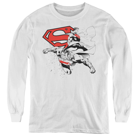 Superman Double The Power Long Sleeve Kids Youth T Shirt White