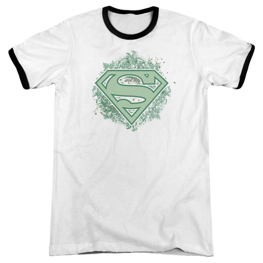 Superman Ornate Shield Heather Ringer Mens T Shirt White Black