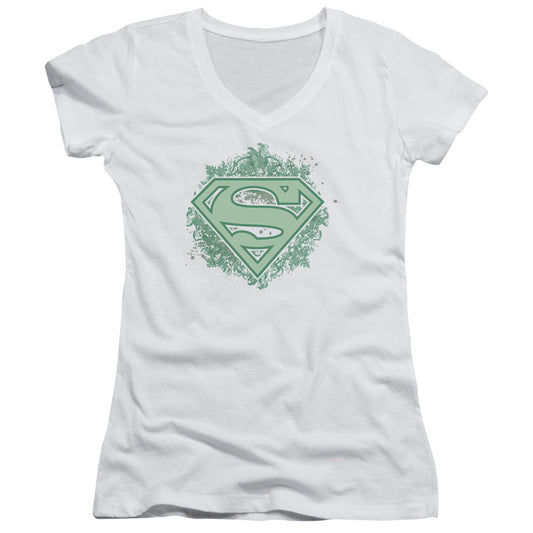 Superman Ornate Shield Junior Sheer Cap Sleeve V Neck Womens T Shirt White