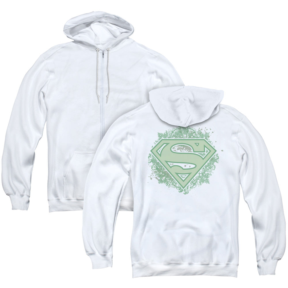 Superman Ornate Shield Back Print Zipper Mens Hoodie White