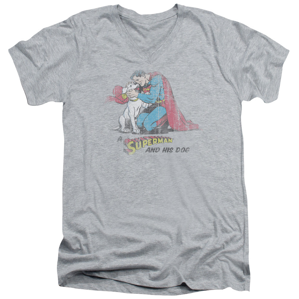 Superman And His Dog S S Adult V Neck Athletic Heather