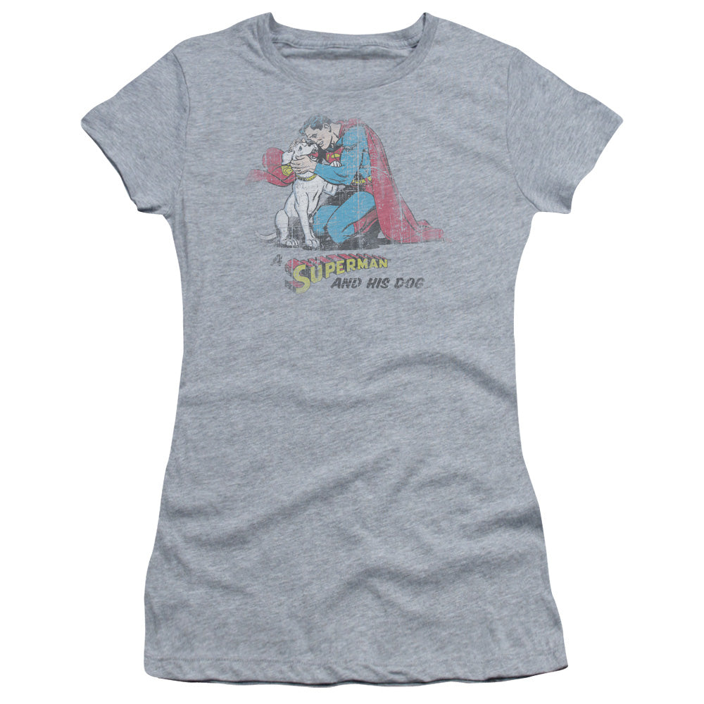 Superman And His Dog Junior Sheer Cap Sleeve Womens T Shirt Athletic Heather