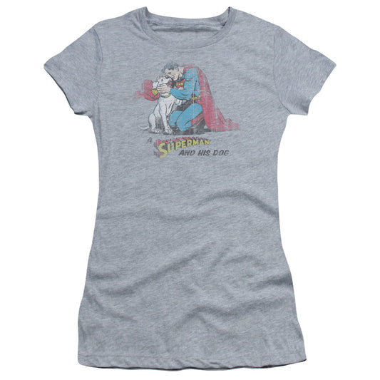 Superman And His Dog Junior Sheer Cap Sleeve Womens T Shirt Athletic Heather