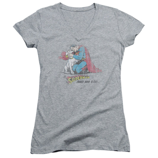 Superman And His Dog Junior Sheer Cap Sleeve V Neck Womens T Shirt Athletic Heather