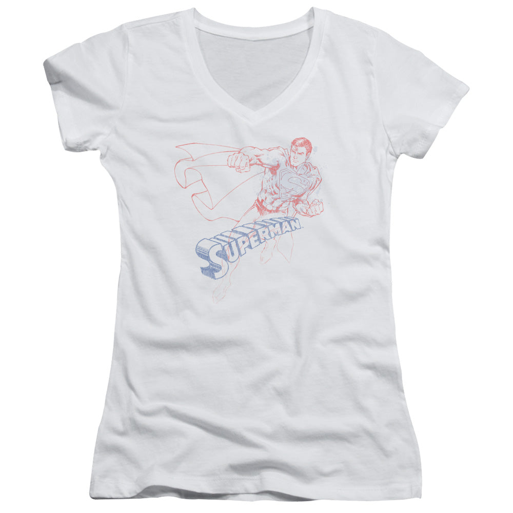 Superman Sketch Junior Sheer Cap Sleeve V Neck Womens T Shirt White