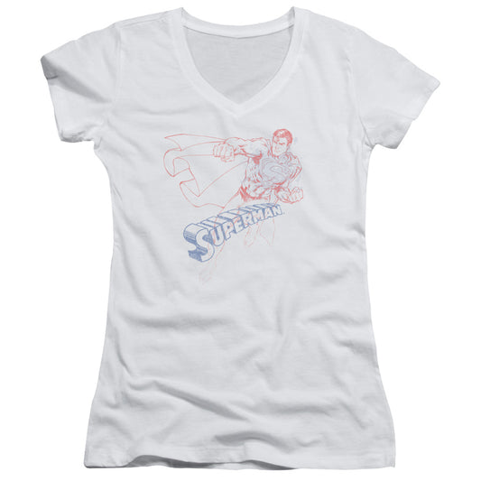 Superman Sketch Junior Sheer Cap Sleeve V Neck Womens T Shirt White